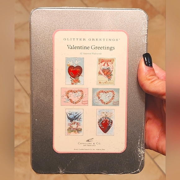 Cavallini & Co Glittery Valentine Postcards Set Of 12 In Metal Tin - Picture 3 of 4